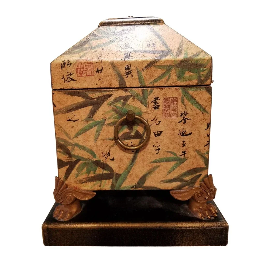 Vintage Wooden Jewelry Box with Asian Bamboo Detail Design Claw Feet on Base